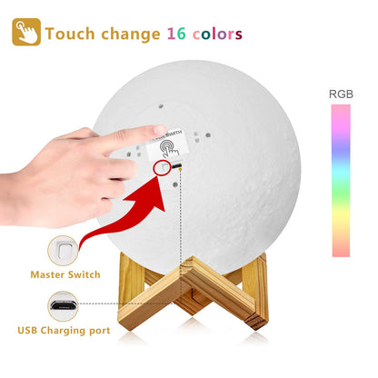Moon Lamp, LOGROTATE 16 Colors LED Night Light for Kids 3D Printing Moon Light with Stand& Remote/Touch Control & Timing, Moon Light Lamp for kid friend Birthday, Mothers Day Gifts (Diameter 4.8 INCH)
