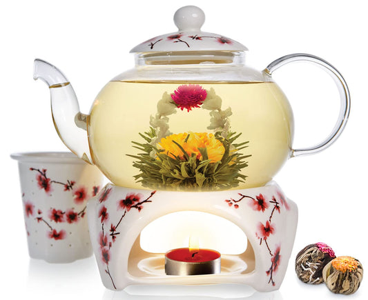 Teabloom Petite Cherry Blossom Teapot & Flowering Tea Gift Set - Glass Teapot (27 OZ / 2-3 Cups), Porcelain Lid, Loose Tea Infuser, Tea Warmer + Candle, 2 Flowering Teas