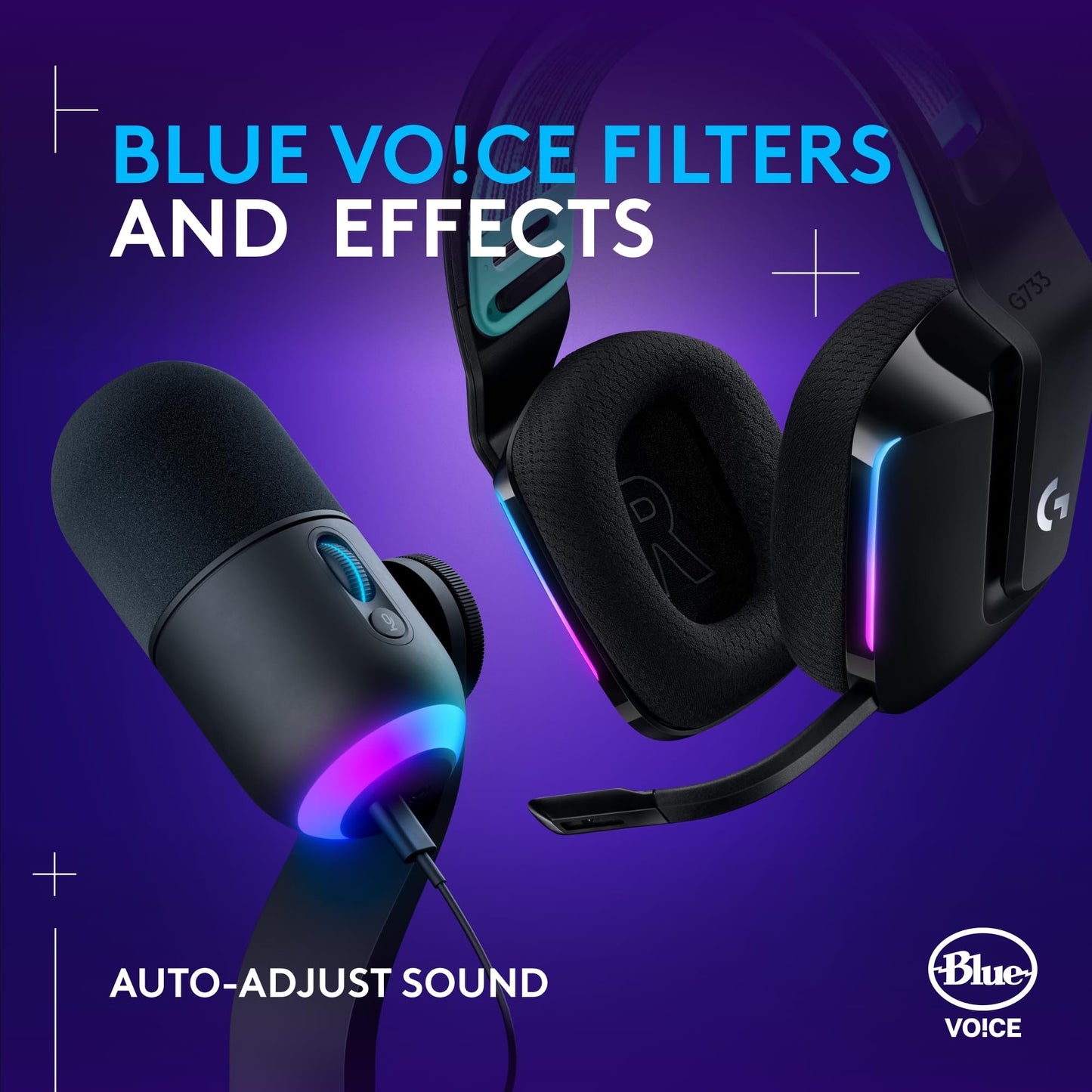 Logitech G733 Lightspeed Wireless Gaming Headset with Suspension Headband, Lightsync RGB, Blue VO!CE mic technology and PRO-G audio drivers - Black