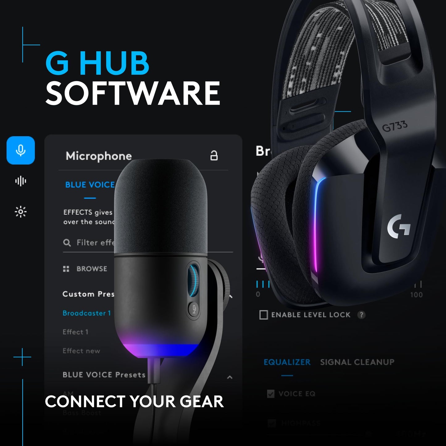 Logitech G733 Lightspeed Wireless Gaming Headset with Suspension Headband, Lightsync RGB, Blue VO!CE mic technology and PRO-G audio drivers - Black